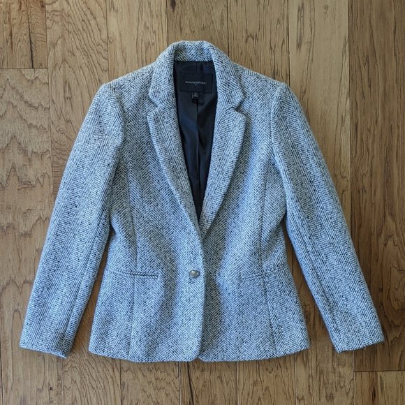 Tweed Black White Herringbone Wool Lined Blazer Jacket 2P 2 Petite XS Small - Picture 2 of 15